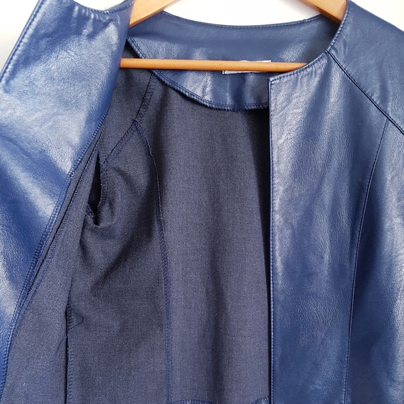 Faux Leather Collarless Blue Blazer - Picture 4 of 8